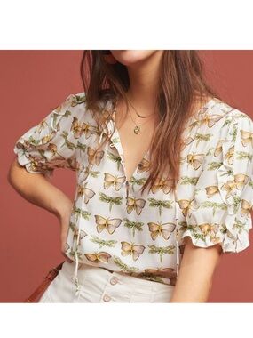 Maeve White Blouse with Yellow & Green Butterfly Print